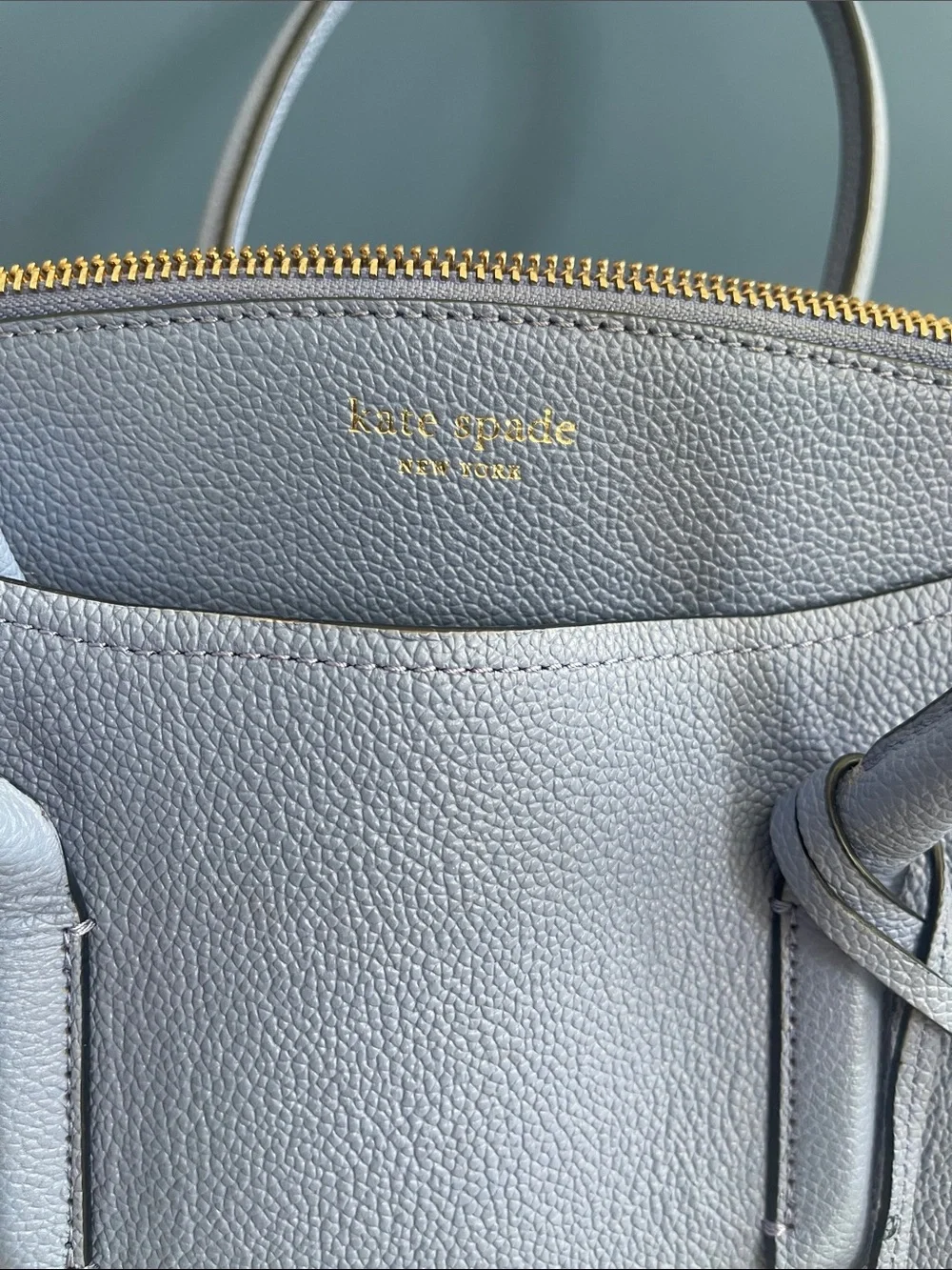 kate spade pebble leather tote in pale blue with gold hardware